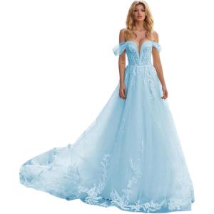 imageYoujiayi Off Shoulder Lace Wedding Dresses for Bride Puffy Tulle Bridal Gown with Train Long V Neck Wedding Gown for WomenSky Blue