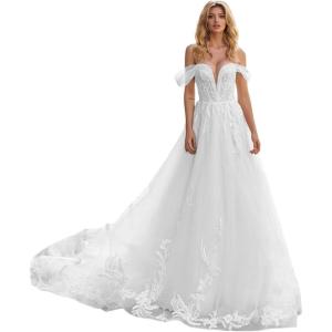 imageYoujiayi Off Shoulder Lace Wedding Dresses for Bride Puffy Tulle Bridal Gown with Train Long V Neck Wedding Gown for WomenWhite