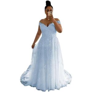 imageYoujiayi Off Shoulder Wedding Dresses for Bride Lace Appliques Bridal Dresses with Train Princess Tulle Wedding Ball GownLight Blue