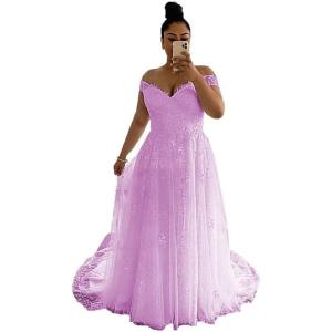 imageYoujiayi Off Shoulder Wedding Dresses for Bride Lace Appliques Bridal Dresses with Train Princess Tulle Wedding Ball GownLilac