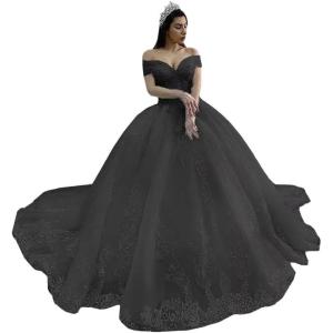 imageYoujiayi Off Shoulder Wedding Dresses for Bride Lace Appliques Bridal Gown for Women Princess A Line Wedding Ball GownBlack