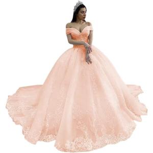 imageYoujiayi Off Shoulder Wedding Dresses for Bride Lace Appliques Bridal Gown for Women Princess A Line Wedding Ball GownBlush Pink
