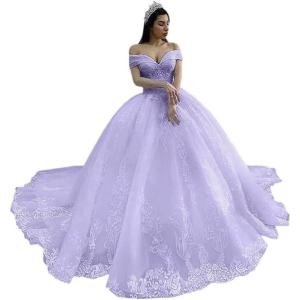 imageYoujiayi Off Shoulder Wedding Dresses for Bride Lace Appliques Bridal Gown for Women Princess A Line Wedding Ball GownLavender