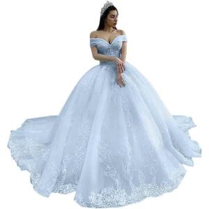 imageYoujiayi Off Shoulder Wedding Dresses for Bride Lace Appliques Bridal Gown for Women Princess A Line Wedding Ball GownLight Blue