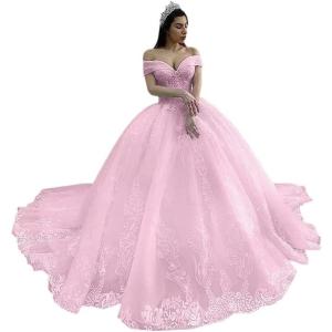 imageYoujiayi Off Shoulder Wedding Dresses for Bride Lace Appliques Bridal Gown for Women Princess A Line Wedding Ball GownPink