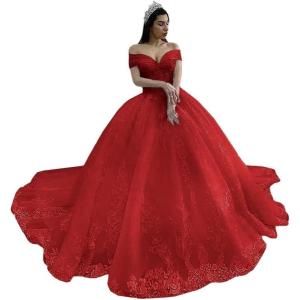imageYoujiayi Off Shoulder Wedding Dresses for Bride Lace Appliques Bridal Gown for Women Princess A Line Wedding Ball GownRed