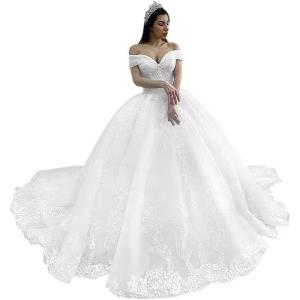 imageYoujiayi Off Shoulder Wedding Dresses for Bride Lace Appliques Bridal Gown for Women Princess A Line Wedding Ball GownStyle13white