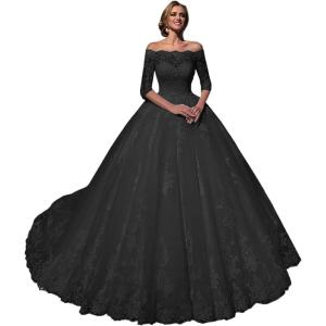 imageYoujiayi Princess 34 Sleeve Wedding Dresses for Bride Puffy Lace Tulle Bridal Gown Off Shoulder Wedding Gowns with TrainBlack