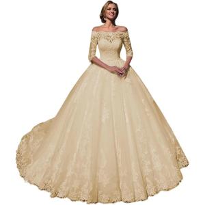 imageYoujiayi Princess 34 Sleeve Wedding Dresses for Bride Puffy Lace Tulle Bridal Gown Off Shoulder Wedding Gowns with TrainChampagne