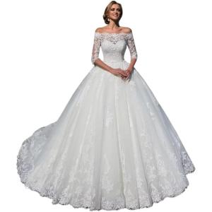 imageYoujiayi Princess 34 Sleeve Wedding Dresses for Bride Puffy Lace Tulle Bridal Gown Off Shoulder Wedding Gowns with TrainIvory