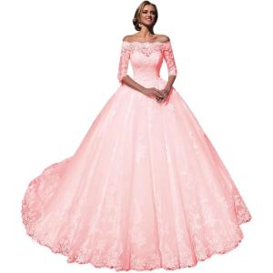 imageYoujiayi Princess 34 Sleeve Wedding Dresses for Bride Puffy Lace Tulle Bridal Gown Off Shoulder Wedding Gowns with TrainPink
