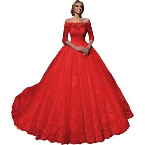 imageYoujiayi Princess 34 Sleeve Wedding Dresses for Bride Puffy Lace Tulle Bridal Gown Off Shoulder Wedding Gowns with TrainRed