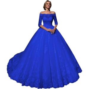 imageYoujiayi Princess 34 Sleeve Wedding Dresses for Bride Puffy Lace Tulle Bridal Gown Off Shoulder Wedding Gowns with TrainRoyal Blue