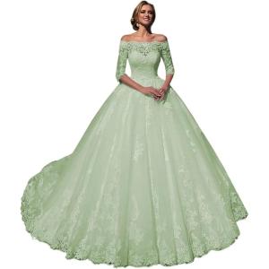 imageYoujiayi Princess 34 Sleeve Wedding Dresses for Bride Puffy Lace Tulle Bridal Gown Off Shoulder Wedding Gowns with TrainSage