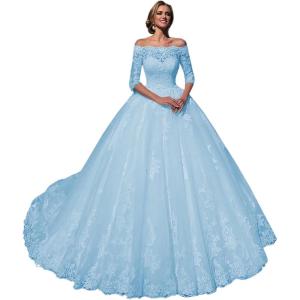 imageYoujiayi Princess 34 Sleeve Wedding Dresses for Bride Puffy Lace Tulle Bridal Gown Off Shoulder Wedding Gowns with TrainSky Blue