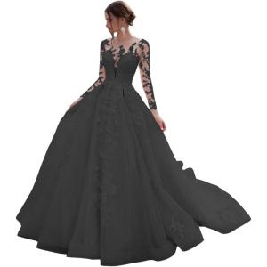 imageYoujiayi Princess Long Sleeve Wedding Dresses for Bride Long Lace Bridal Gown with Train Puffy Tulle Wedding Gowns for WomenBlack