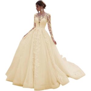 imageYoujiayi Princess Long Sleeve Wedding Dresses for Bride Long Lace Bridal Gown with Train Puffy Tulle Wedding Gowns for WomenChampagne