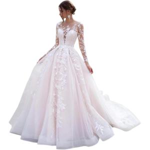 imageYoujiayi Princess Long Sleeve Wedding Dresses for Bride Long Lace Bridal Gown with Train Puffy Tulle Wedding Gowns for WomenIvory