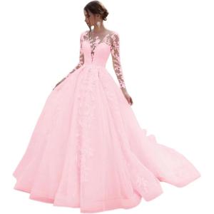 imageYoujiayi Princess Long Sleeve Wedding Dresses for Bride Long Lace Bridal Gown with Train Puffy Tulle Wedding Gowns for WomenPink