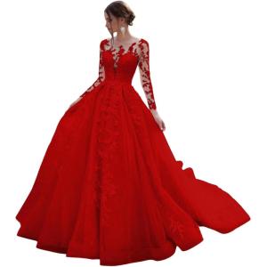 imageYoujiayi Princess Long Sleeve Wedding Dresses for Bride Long Lace Bridal Gown with Train Puffy Tulle Wedding Gowns for WomenRed