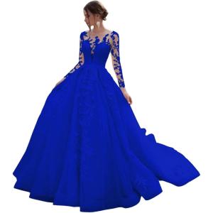 imageYoujiayi Princess Long Sleeve Wedding Dresses for Bride Long Lace Bridal Gown with Train Puffy Tulle Wedding Gowns for WomenRoyal Blue