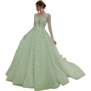imageYoujiayi Princess Long Sleeve Wedding Dresses for Bride Long Lace Bridal Gown with Train Puffy Tulle Wedding Gowns for WomenSage