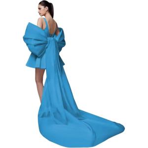 imageYoujiayi Satin Homecoming Dresses for Teens Square Neck DAMA Dresses for Quinceanera Short Wedding Dresses with Bow TrainBlue