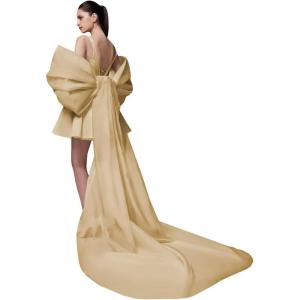 imageYoujiayi Satin Homecoming Dresses for Teens Square Neck DAMA Dresses for Quinceanera Short Wedding Dresses with Bow TrainChampagne