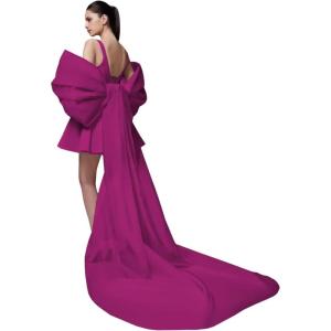imageYoujiayi Satin Homecoming Dresses for Teens Square Neck DAMA Dresses for Quinceanera Short Wedding Dresses with Bow TrainFuchsia