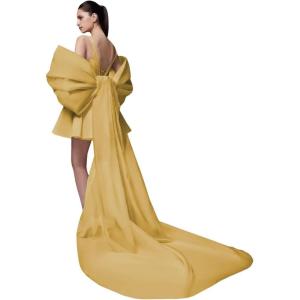 imageYoujiayi Satin Homecoming Dresses for Teens Square Neck DAMA Dresses for Quinceanera Short Wedding Dresses with Bow TrainGold
