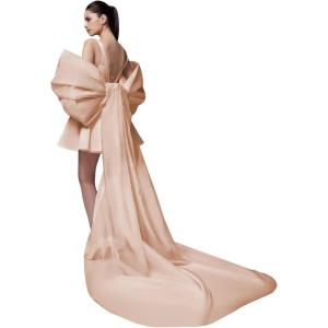 imageYoujiayi Satin Homecoming Dresses for Teens Square Neck DAMA Dresses for Quinceanera Short Wedding Dresses with Bow TrainPeach