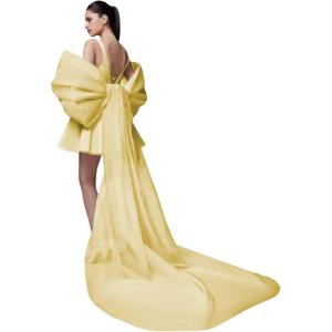 imageYoujiayi Satin Homecoming Dresses for Teens Square Neck DAMA Dresses for Quinceanera Short Wedding Dresses with Bow TrainYellow