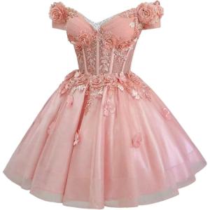 imageYoujiayi 3D Butterfly Homecoming Dresses for Teens Off Shoulder DAMA Dress for Quinceanera Sparkly Sequin Short Prom GownBlush Pink