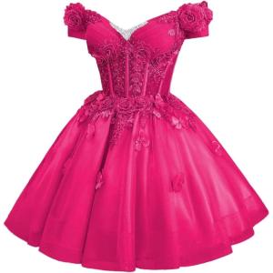 imageYoujiayi 3D Butterfly Homecoming Dresses for Teens Off Shoulder DAMA Dress for Quinceanera Sparkly Sequin Short Prom GownBright Pink