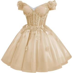 imageYoujiayi 3D Butterfly Homecoming Dresses for Teens Off Shoulder DAMA Dress for Quinceanera Sparkly Sequin Short Prom GownChampagne
