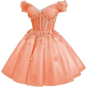 imageYoujiayi 3D Butterfly Homecoming Dresses for Teens Off Shoulder DAMA Dress for Quinceanera Sparkly Sequin Short Prom GownCoral