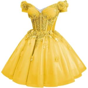 imageYoujiayi 3D Butterfly Homecoming Dresses for Teens Off Shoulder DAMA Dress for Quinceanera Sparkly Sequin Short Prom GownDark Yellow