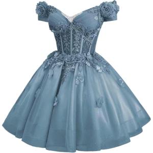 imageYoujiayi 3D Butterfly Homecoming Dresses for Teens Off Shoulder DAMA Dress for Quinceanera Sparkly Sequin Short Prom GownDusty Blue