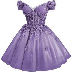 imageYoujiayi 3D Butterfly Homecoming Dresses for Teens Off Shoulder DAMA Dress for Quinceanera Sparkly Sequin Short Prom GownDusty Purple