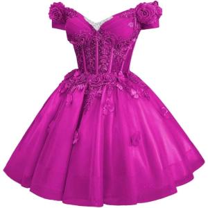 imageYoujiayi 3D Butterfly Homecoming Dresses for Teens Off Shoulder DAMA Dress for Quinceanera Sparkly Sequin Short Prom GownFuchsia