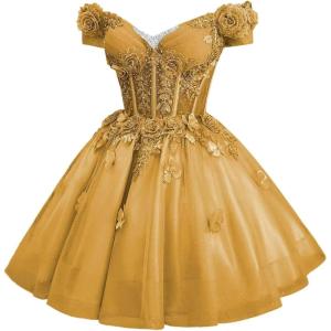 imageYoujiayi 3D Butterfly Homecoming Dresses for Teens Off Shoulder DAMA Dress for Quinceanera Sparkly Sequin Short Prom GownGold