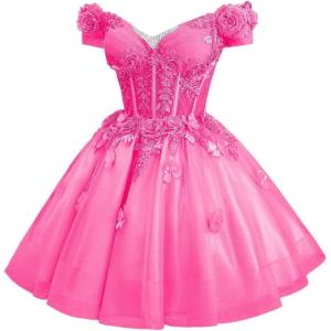 imageYoujiayi 3D Butterfly Homecoming Dresses for Teens Off Shoulder DAMA Dress for Quinceanera Sparkly Sequin Short Prom GownHot Pink