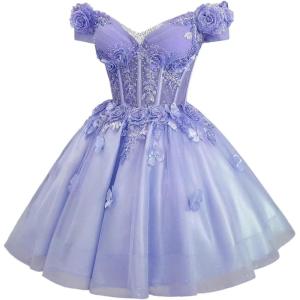 imageYoujiayi 3D Butterfly Homecoming Dresses for Teens Off Shoulder DAMA Dress for Quinceanera Sparkly Sequin Short Prom GownLavender
