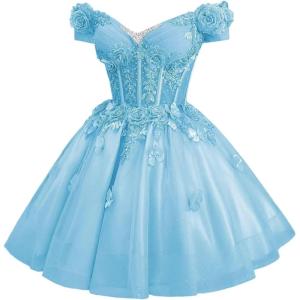 imageYoujiayi 3D Butterfly Homecoming Dresses for Teens Off Shoulder DAMA Dress for Quinceanera Sparkly Sequin Short Prom GownLight Blue
