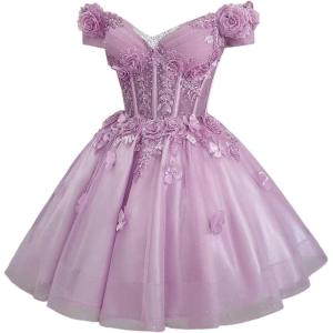 imageYoujiayi 3D Butterfly Homecoming Dresses for Teens Off Shoulder DAMA Dress for Quinceanera Sparkly Sequin Short Prom GownLilac