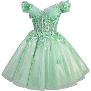imageYoujiayi 3D Butterfly Homecoming Dresses for Teens Off Shoulder DAMA Dress for Quinceanera Sparkly Sequin Short Prom GownMint