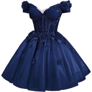 imageYoujiayi 3D Butterfly Homecoming Dresses for Teens Off Shoulder DAMA Dress for Quinceanera Sparkly Sequin Short Prom GownNavy