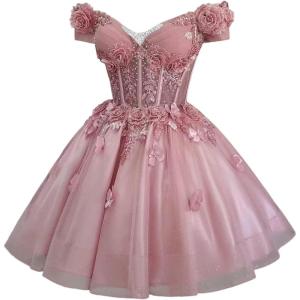 imageYoujiayi 3D Butterfly Homecoming Dresses for Teens Off Shoulder DAMA Dress for Quinceanera Sparkly Sequin Short Prom GownPink