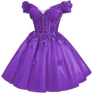 imageYoujiayi 3D Butterfly Homecoming Dresses for Teens Off Shoulder DAMA Dress for Quinceanera Sparkly Sequin Short Prom GownPurple