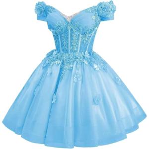 imageYoujiayi 3D Butterfly Homecoming Dresses for Teens Off Shoulder DAMA Dress for Quinceanera Sparkly Sequin Short Prom GownSky Blue